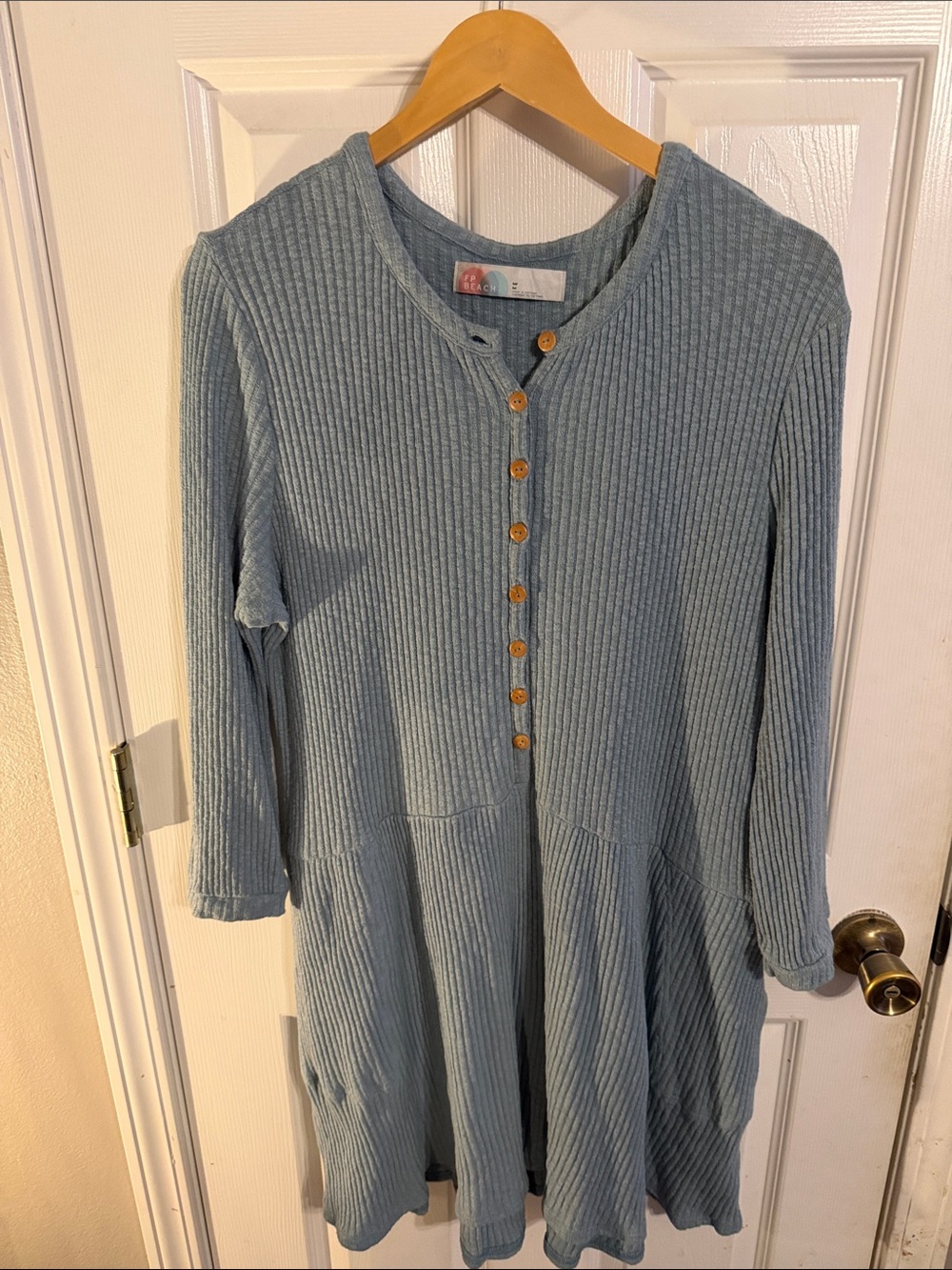 FP Beach Light Blue Ribbed Button Front Top